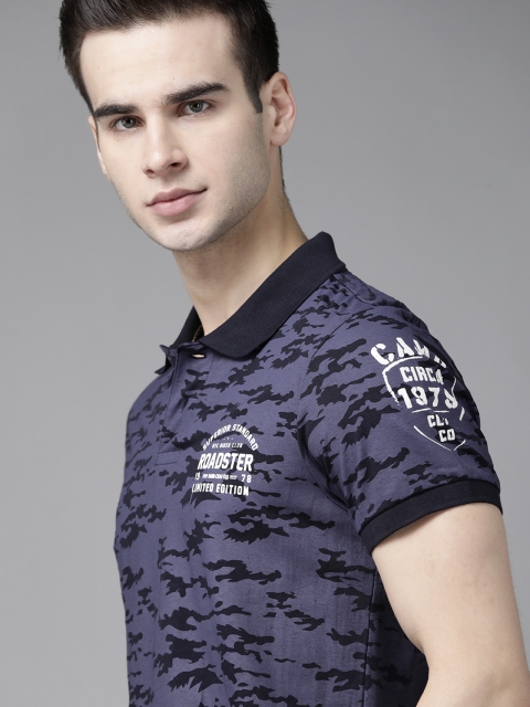 

The Roadster Lifestyle Co Men Blue Camouflage Printed Cotton Polo Collar T-shirt