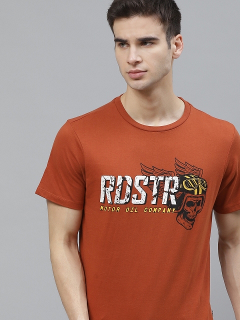 

The Roadster Lifestyle Co Men Rust Orange Printed Round Neck Pure Cotton T-shirt