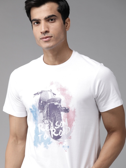 

Roadster Men White & Blue Biker Print Round Neck T-shirt