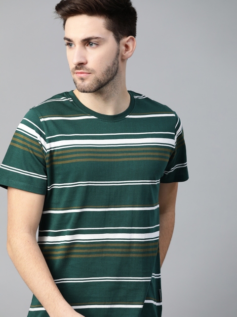 

Roadster Men Green & White Striped Pure Cotton T-shirt