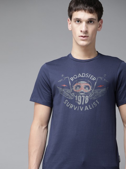 

Roadster Men Navy Blue Printed Pure Cotton Round Neck T-shirt