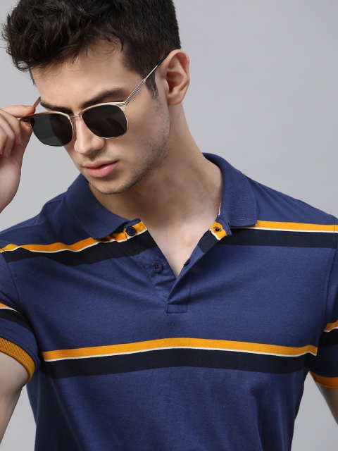 

Roadster Men Navy Blue Yellow Striped Polo Collar Pure Cotton T-shirt