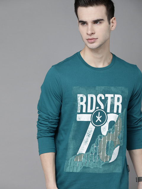 

Roadster Men Teal Blue & White Brand Logo Printed Cotton T-shirt