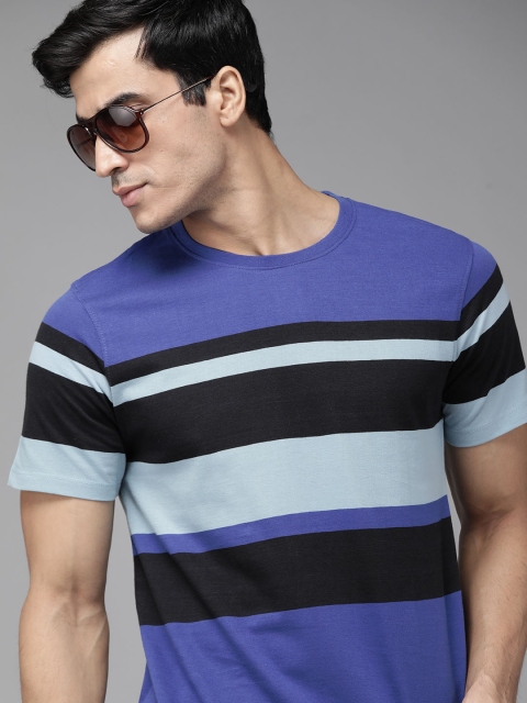 

Roadster Men Blue Black Pure Cotton Striped T-shirt