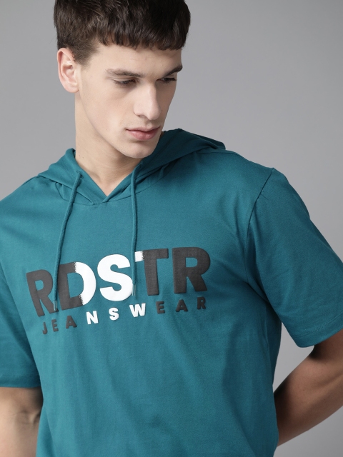 

The Roadster Lifestyle Co Men Teal Blue & Black Brand Logo Print Hooded Cotton T-shirt
