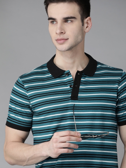 

The Roadster Lifestyle Co Men Teal Blue & White Pure Cotton Striped Polo Collar T-shirt
