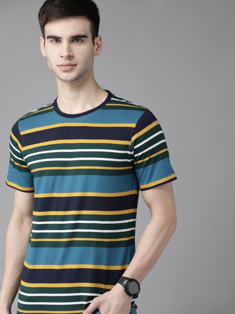 

The Roadster Lifestyle Co Men Teal Blue & Green Striped Cotton T-shirt