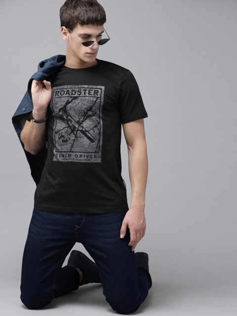 

Roadster Men Black & Charcoal Grey Brand Logo Print Round Neck T-shirt