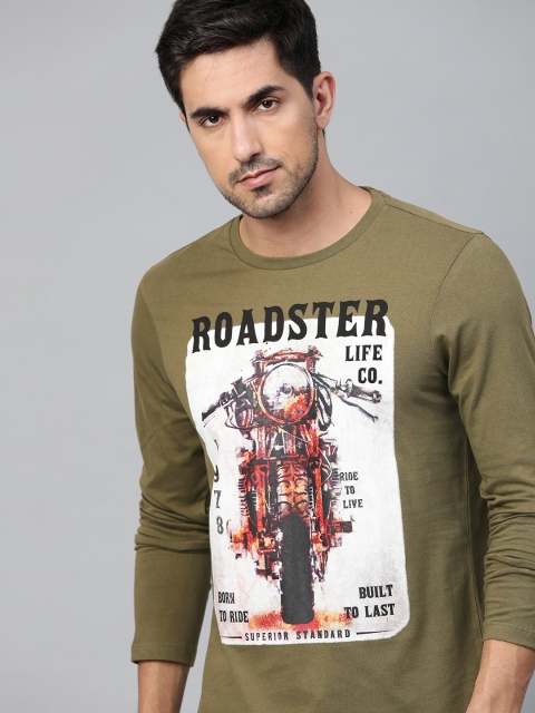 

The Roadster Lifestyle Co Men Olive Green Biker Printed Pure Cotton T-shirt
