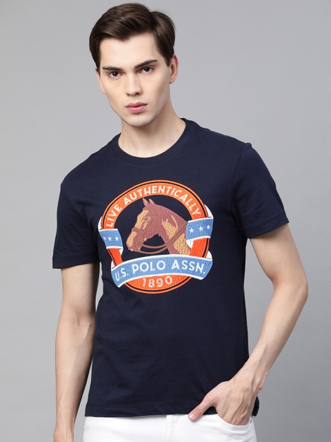 

U. S. Polo Assn. Denim Co. Men Navy Blue Orange Graphic Printed Pure Cotton T-shirt