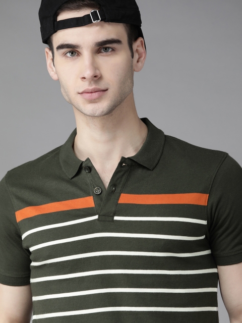 

The Roadster Lifestyle Co Men Green & White Striped Polo Collar T-shirt