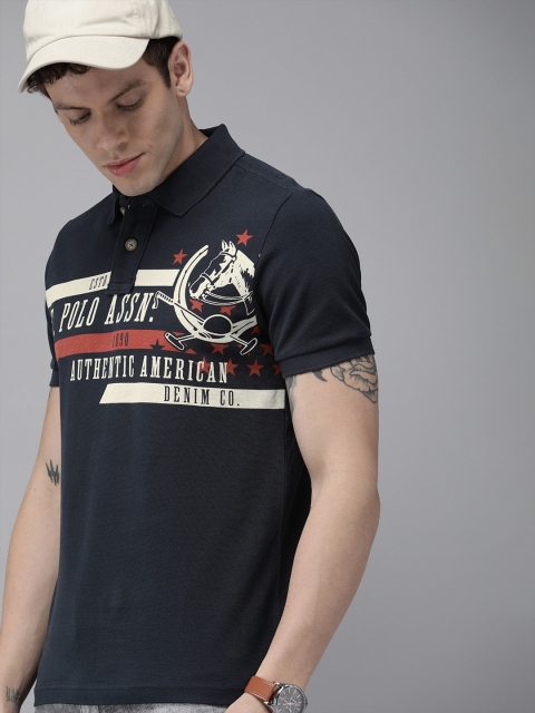 

U.S. Polo Assn. Denim Co. Men Navy Blue Printed Polo Collar Pure Cotton T-shirt