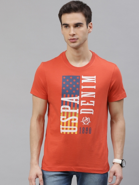 

U.S. Polo Assn. Denim Co. Men Orange White Printed Round Neck Pure Cotton T-shirt