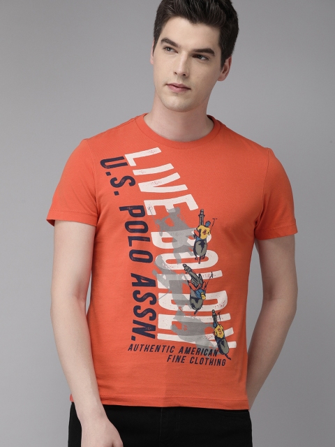 

U.S. Polo Assn. Denim Co. Men Orange & Navy Blue Printed Round Neck T-shirt