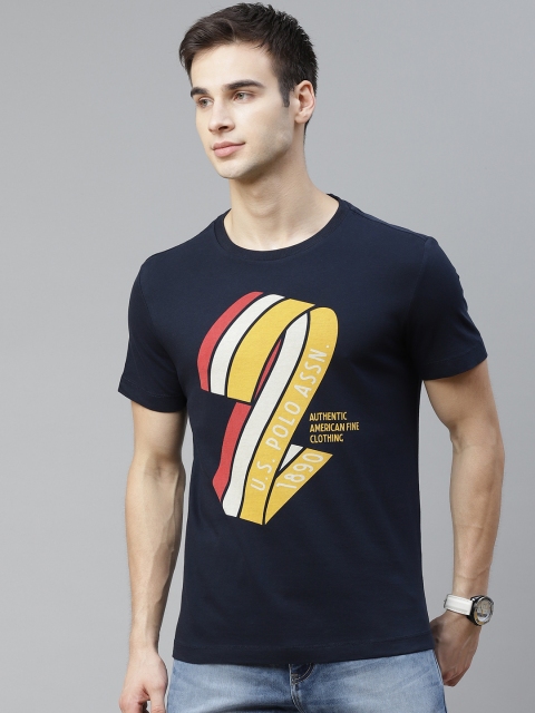 

U S Polo Assn Denim Co Men Navy Blue & Yellow Pure Cotton Printed T-shirt