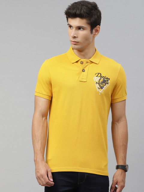 

U S Polo Assn Denim Co Men Yellow & Black Printed Back Pure Cotton Polo Collar T-shirt