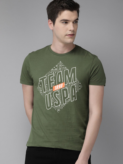 

U.S. Polo Assn. Denim Co. Men Olive Green & White Printed Round Neck T-shirt