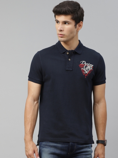 

U S Polo Assn Denim Co Men Navy Blue Printed Back Pure Cotton Polo Collar T-shirt