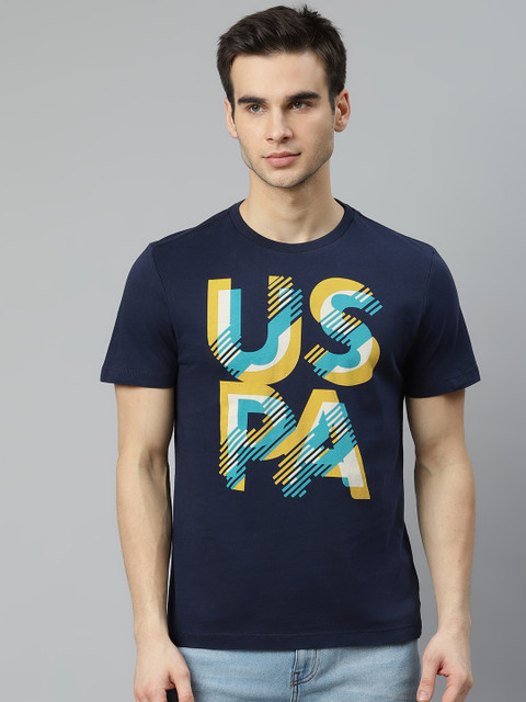 

U.S. Polo Assn. Denim Co. Men Navy Blue & Yellow Brand Logo Printed Pure Cotton T-shirt