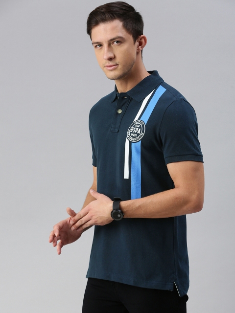 

U S Polo Assn Denim Co Men Navy Blue Solid Polo Collar T-shirt with Striped Print Detail