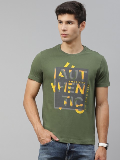

U S Polo Assn Denim Co Men Olive Green & Yellow Pure Cotton Printed T-shirt