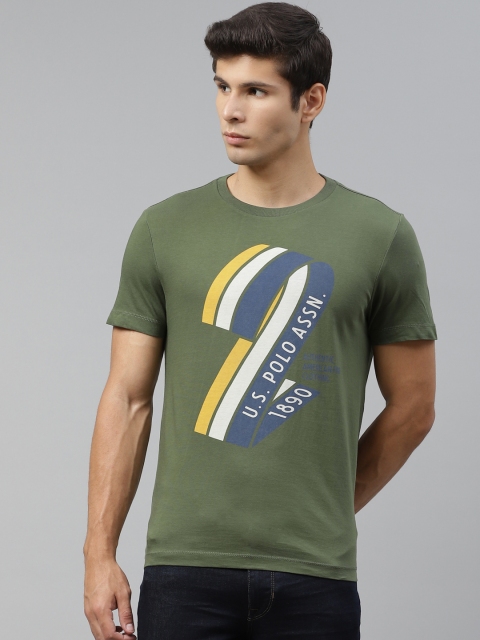 

U S Polo Assn Denim Co Men Olive Green & Blue Brand Logo Printed Pure Cotton T-shirt