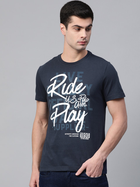 

U S Polo Assn Denim Co Men Teal Blue Typography Printed T-shirt