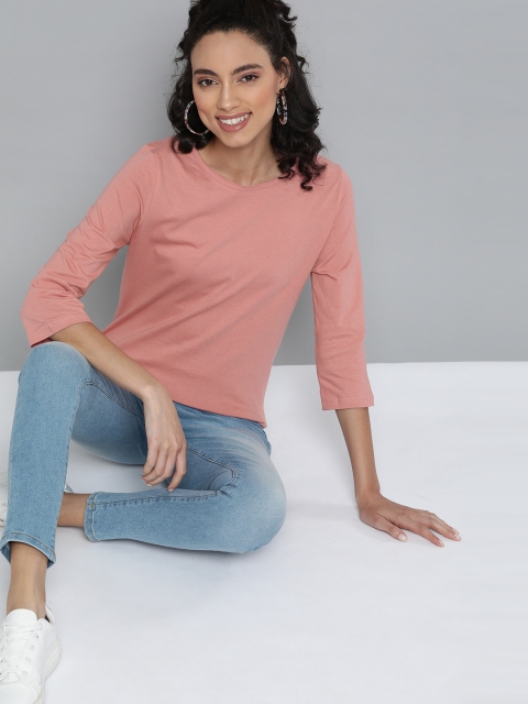 

HERE&NOW Women Dusty Pink Pure Cotton Solid Round Neck T-shirt