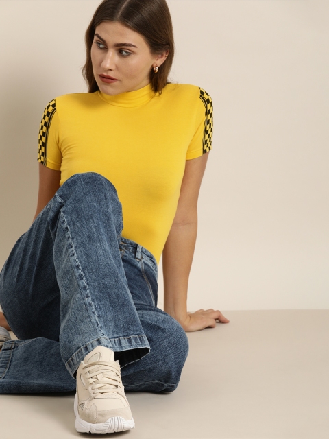 

Moda Rapido Women Yellow Solid High Neck Pure Cotton T-shirt