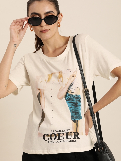 

Moda Rapido Women Off-White Pure Cotton Printed Round Neck T-shirt