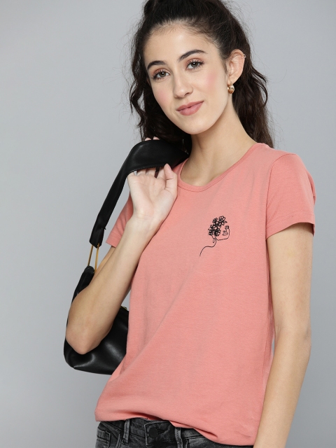 

HERE&NOW Women Dusty Pink Pure Cotton Solid Round Neck T-shirt