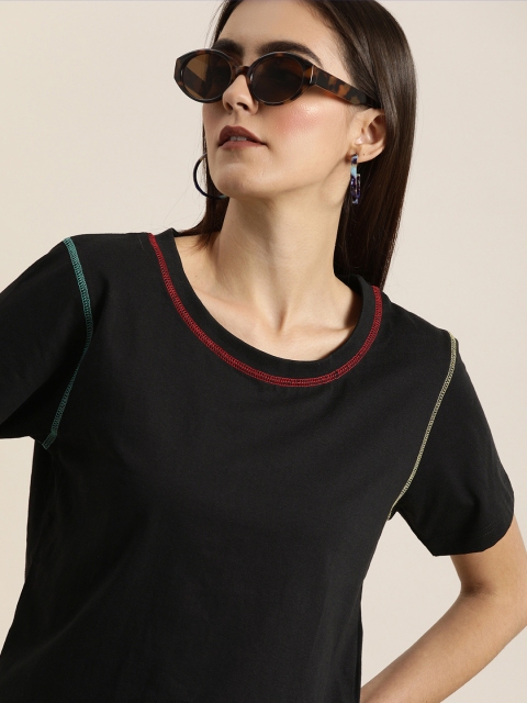 

Moda Rapido Women Black Solid Round Neck Pure Cotton T-shirt