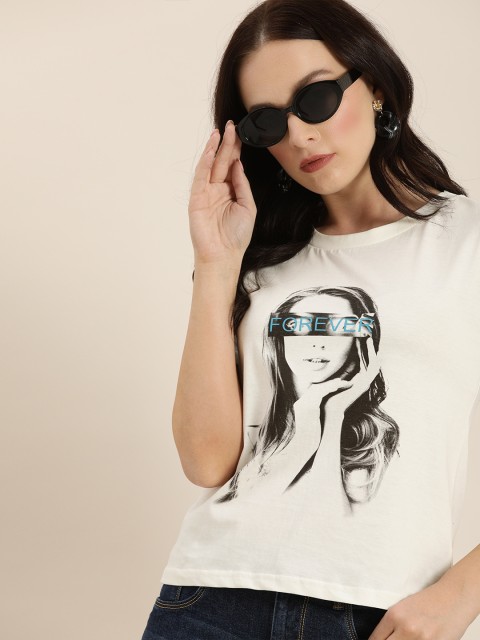 

Moda Rapido Women Off-White & Black Graphic Printed Round Neck T-shirt