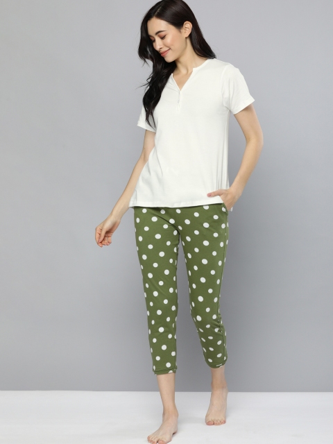 

HERE&NOW Women White & Olive Green Night suit