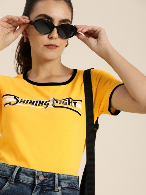 

Moda Rapido Women Yellow Pure Cotton Printed Round Neck T-shirt