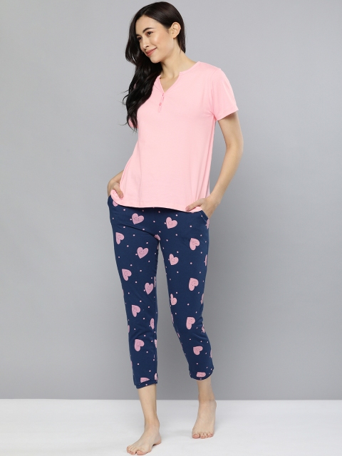 

HERE&NOW Women Pink & Navy Blue Pure Cotton Night Suit