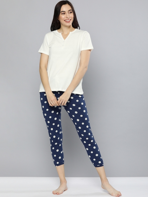 

HERE&NOW Women White & Navy Blue Pure Cotton Night Suit