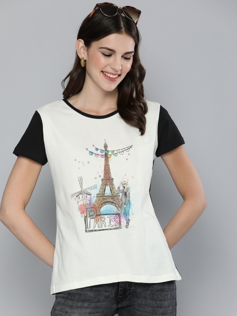 

HERENOW Women Off-White Printed Round Neck Pure Cotton T-shirt