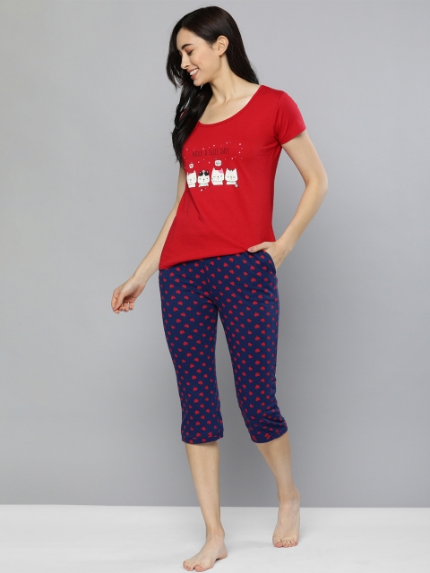 

HERE&NOW Women Red & Navy Blue Printed Pure Cotton Night Suit