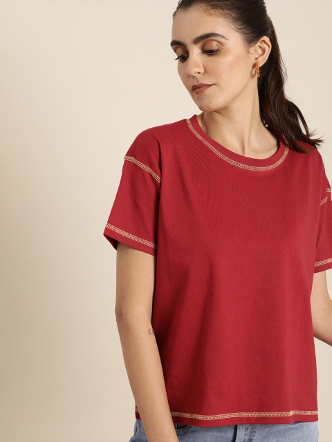 

Moda Rapido Women Red Solid Round Neck Pure Cotton T-shirt
