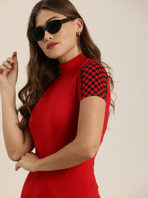 

Moda Rapido Women Red Solid High Neck Pure Cotton T-shirt