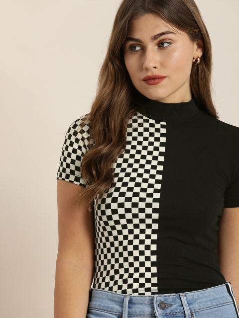 

Moda Rapido Women Black & White Printed High Neck Pure Cotton T-shirt