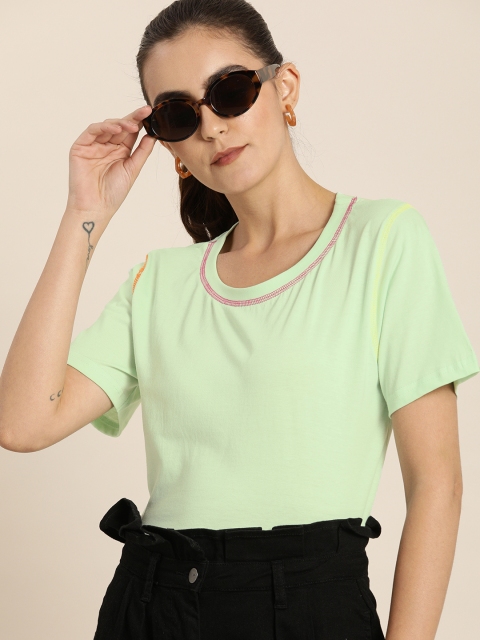 

Moda Rapido Women Mint Green Pure Cotton Solid Round Neck T-shirt