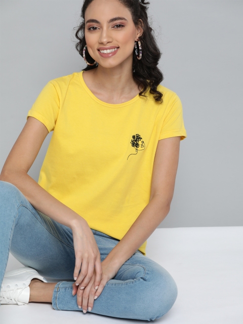 

HERE&NOW Women Yellow Pure Cotton Solid Round Neck T-shirt