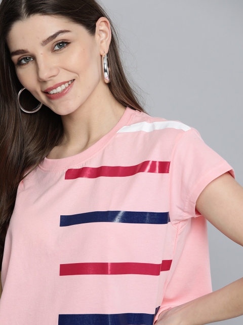 

HERE&NOW Women Pink Striped Pure Cotton Round Neck Cropped T-shirt
