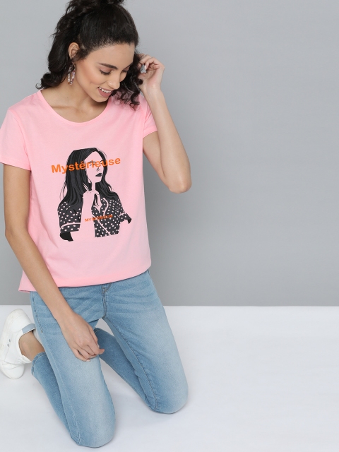 

HERE&NOW Women Pink Pure Cotton Printed Round Neck T-shirt