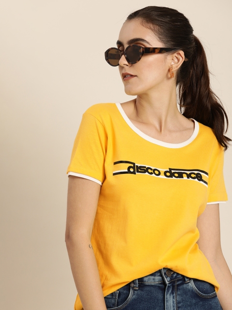 

Moda Rapido Women Mustard Yellow Pure Cotton Printed Round Neck T-shirt