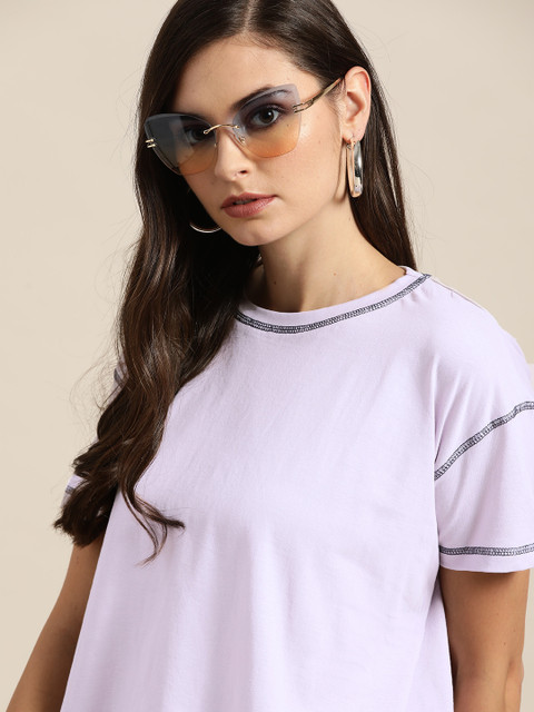

Moda Rapido Women Lavender Pure Cotton Solid Round Neck T-shirt