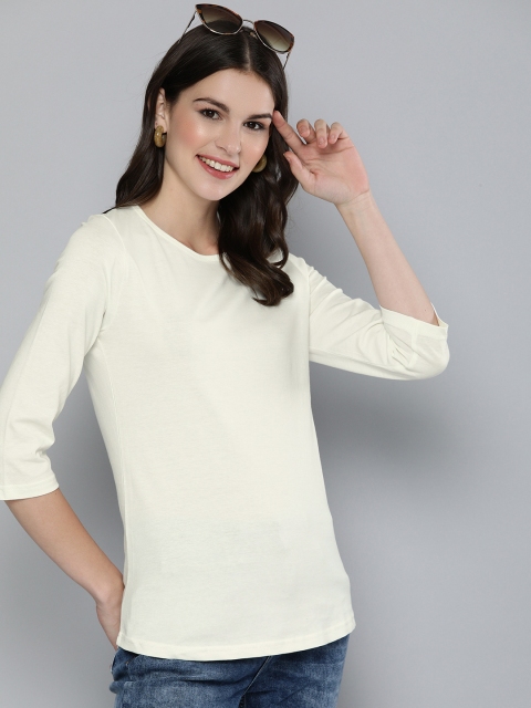 

HERENOW Women Off-White Solid Round Neck Pure Cotton T-shirt