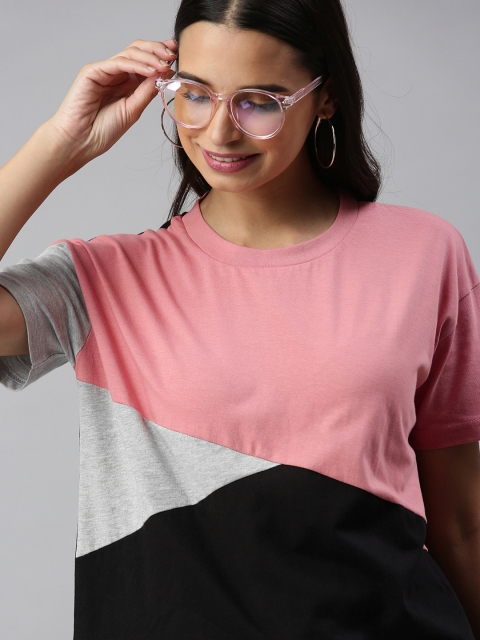 

HERE&NOW Women Pink Colourblocked Drop-Shoulder Round Neck T-shirt